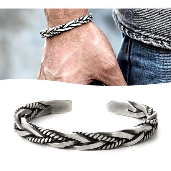Boutique Other - NEW Solid Unisex Braided Twist 925 Sterling Silver Cuff Bracelet, Adjustable‎